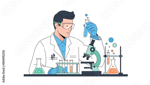 Modern illustration of a scientist performing an experiment in a laboratory environment
