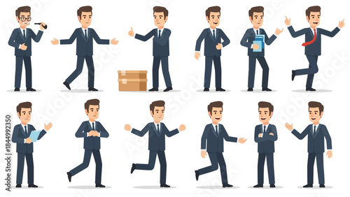 Diverse Businessmen Cartoon Characters in Various Poses and Actions Illustration Set