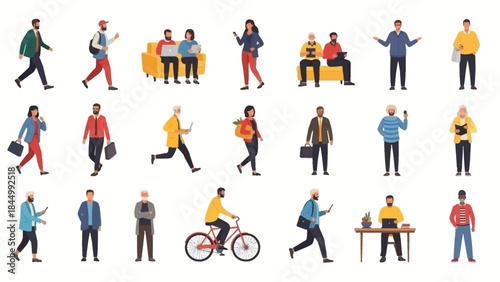 Collection of diverse people engaged in everyday activities and urban interactions vector illustrations