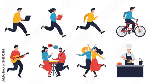Diverse People Engaging in Everyday Activities: Work, Hobbies, Sports, and Leisure as Flat Illustrations