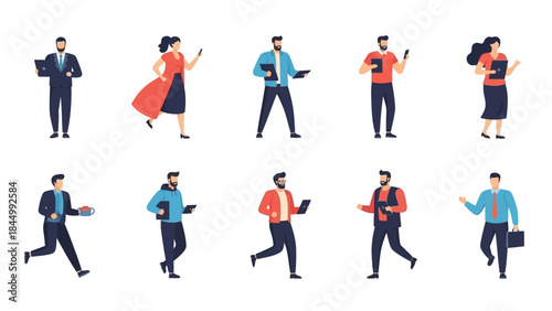 Collection of diverse modern professionals moving and working with digital devices