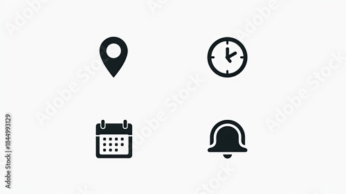 Collection of four minimalist icons location, clock, calendar, and notification bell for apps and websites