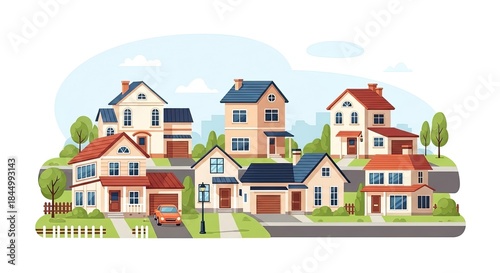 A vibrant collection of modern residential houses forming a charming neighborhood, depicting the essence of community living and urban development with diverse architectural styles