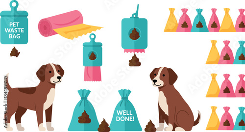 Dog waste cleanup illustration set with pet poop bags dispenser icons and responsible pet care concept flat vector