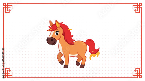 Cute Cartoon Horse Illustration with Red Mane and Chinese Border on Black Background
