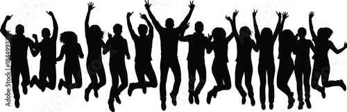 Jumping people silhouette celebrating together, happy youth group energy, success teamwork freedom joy concept isolated background illustration, for creative design