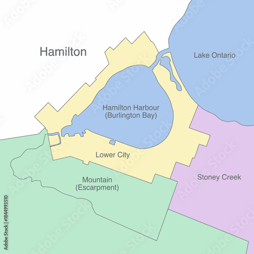 Map of Hamilton city divisions and geography vector illustration