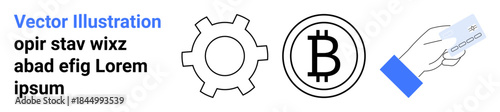 Gear symbol, Bitcoin emblem, and hand holding a credit card represent innovation, cryptocurrency, fintech, automation, digital payments, blockchain and modern commerce. Ideal for fintech website