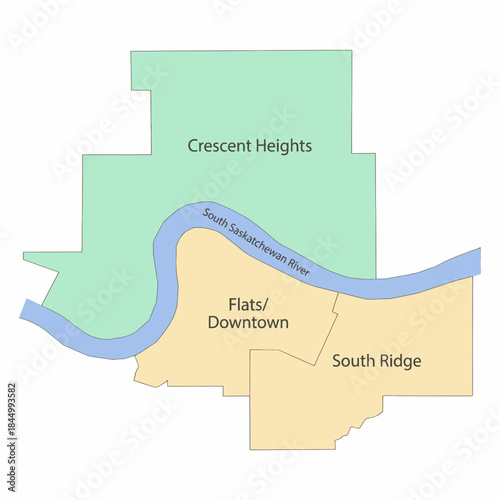 Saskatoon neighborhoods map separated by South Saskatchewan River vector