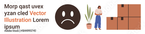 Emotion expression, moving house, storage, transition, relocation, lifestyle change. Sad face icon, woman near plant cardboard boxes. Emotion expression and moving house