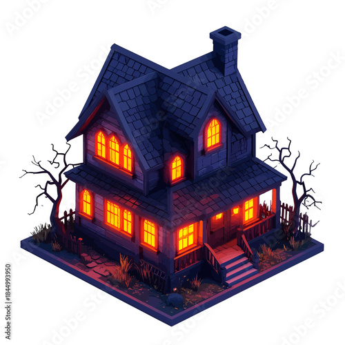 Haunted pixel art house with glowing windows and spooky trees at twilight