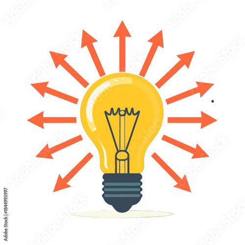 Yellow Incandescent Light Bulb Emitting Orange Arrows Symbolizing Ideas and Innovation on a White Background
