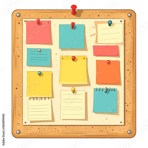 Cork Bulletin Board Displaying Various Color Sticky Notes and Papers Pinned Up With Red and Blue Pushpins Isolated On White Background