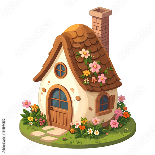 Charming Pixel Art Cottage Adorned with Colorful Flowers and Greenery on a Sunny Day