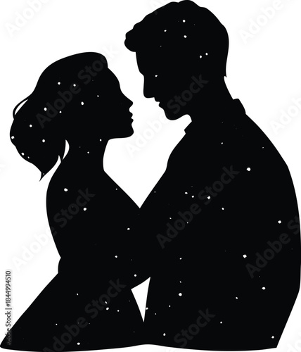 A romantic silhouette of a loving couple embracing under a starry sky