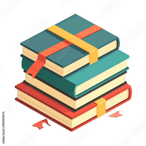 Stack of Three Colorful Books Tied Together With Ribbons and Bookmarks Isolated On White Background