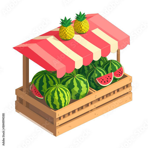 Isometric Pixel Art Fruit Stand Displaying Watermelons And Pineapples Under A Striped Awning With A Wooden Crate On A White Background