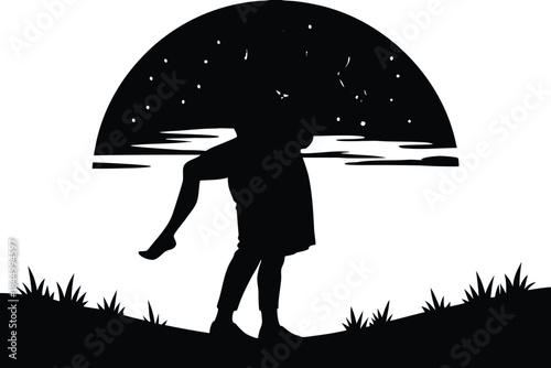 A beautiful and romantic silhouette of a loving couple embracing under a starry night sky