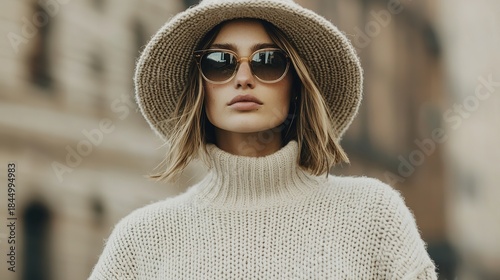 Fototapeta Naklejka Na Ścianę i Meble -  Trendy fashion showcase small town street photography urban setting close-up casual chic style