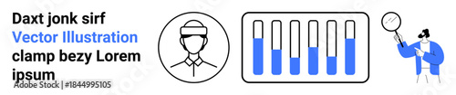 Scientist observes test tubes under magnifier, next to patient icon, and textual placeholder. Ideal for healthcare, research, science, diagnostics, laboratory, education simple landing page