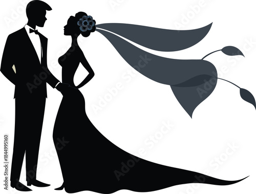 An artistic black silhouette of a bride and groom looking at each other on their wedding day
