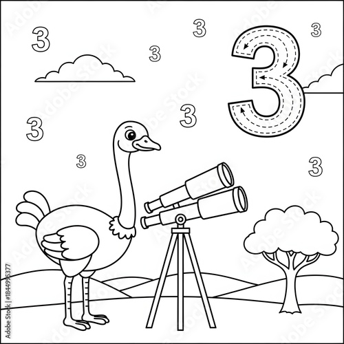 Ostrich scientist coloring page. Number 3 illustration. Cartoon bird looking through a large telescope next to the traceable number three in a desert landscape. Educational printable for kids