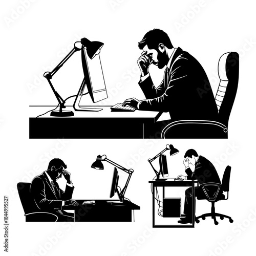 concept of over work, tiredness, over burden, late night business man work in depression, business loss