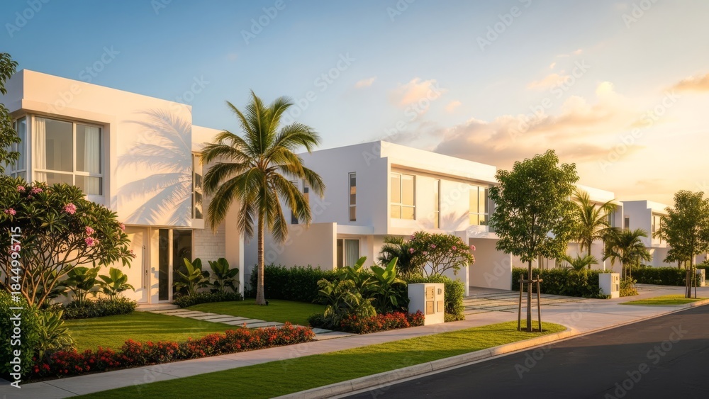 Fototapeta premium Luxury modern real estate homes in a sunny suburban neighborhood