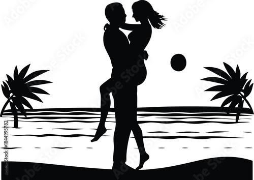 A romantic silhouette of a loving couple embracing on a tropical beach at sunset