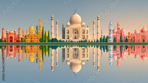 A Tapestry of Wonders: A serene vista, reflecting a breathtaking skyline of India's architectural marvels across calm waters. This picturesque view showcases the Taj Mahal and several others.