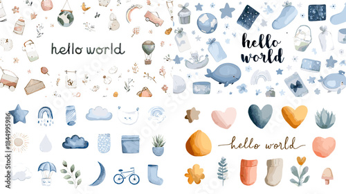 A soft watercolor baby themed collection with cute objects, hearts, stars, toys, and pastel elements surrounding the text hello world. Ideal for nursery decor and newborn designs.