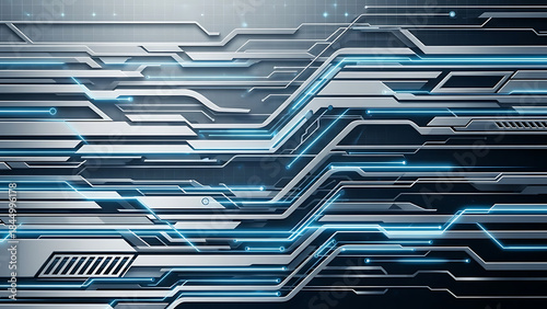 Futuristic circuit board with glowing blue neon lines and silver pathways on dark background