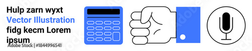Business tools, communication, audio recording, calculation, collaboration, teamwork. Blue calculator, clenched fist with cuff and microphone symbol. Collaboration and communication concepts