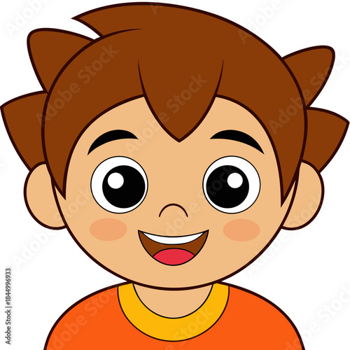 Happy cartoon boy with brown hair and orange shirt
