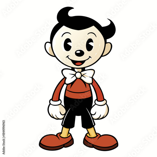 Cartoon character with red shirt and black hair standing