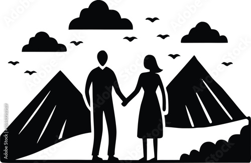 A romantic silhouette illustration of a couple holding hands in a beautiful natural landscape with mountains