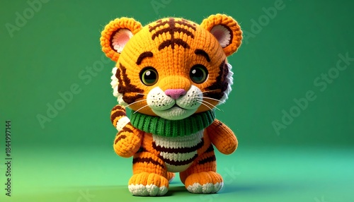 Adorable Knitted Tiger Cub with Green Scarf on Green Background.