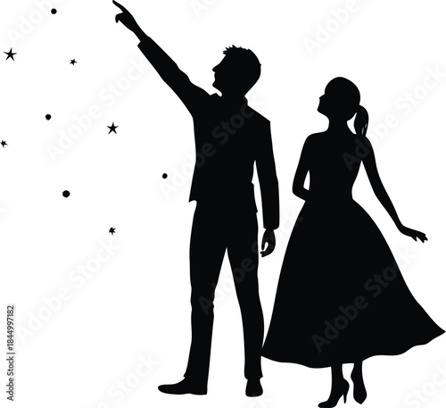 A romantic silhouette of a couple pointing towards stars, symbolizing shared dreams and aspirations
