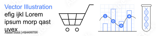 Business growth, biotechnology, data analysis, e-commerce trends, market research, and science education. A cart icon, DNA strand and analytics graph. E-commerce and biotechnology displayed visually