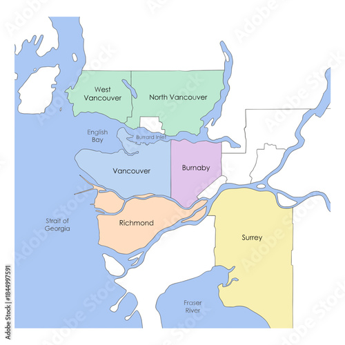 Greater Vancouver municipalities map showing surrounding waters vector illustration