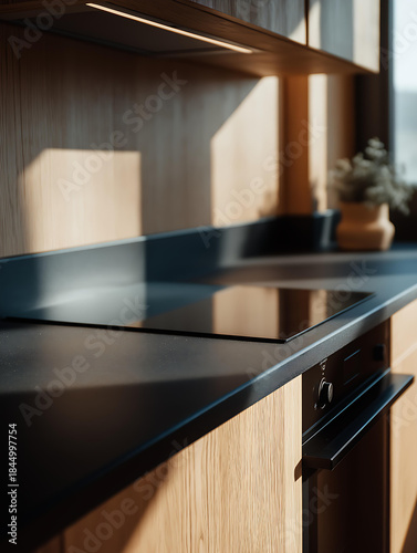 Modern Kitchen Interior with Black Countertop and Wood Accents: Minimalist Design Featuring Natural Light, Stylish Appliances, and Contemporary Home Decor