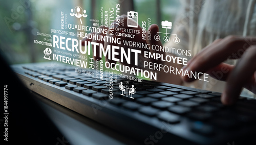 Billede på lærred Focus on keyboard typing illustrates the dynamic world of recruitment and hiring, emphasizing the importance of skills, qualifications, and job performance in modern employment settings