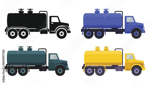 Four colorful variations of a fuel or water tank truck illustration