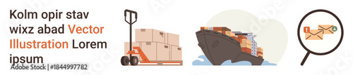 Supply chain, transportation, global trade, e-commerce, parcel tracking, delivery services. Carton boxes, cargo ship magnifying glass with envelope. Supply chain and transportation ideas