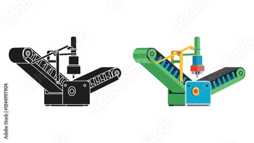 Industrial conveyor belt systems with robotic arms in monochrome and color