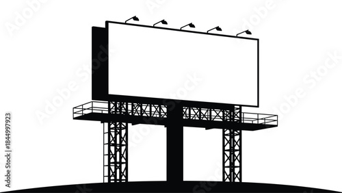 A stark black silhouette of a large highway billboard against a white background