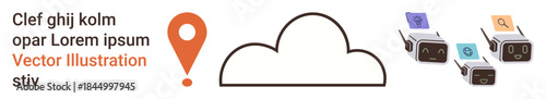 Cloud computing, data storage, navigation markers, user interface, media sharing, and technology advancement. Minimalist cloud design with pinpoint and digital devices. Cloud computing and data