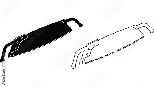Simple illustration of two hand saws in contrasting black and white styles