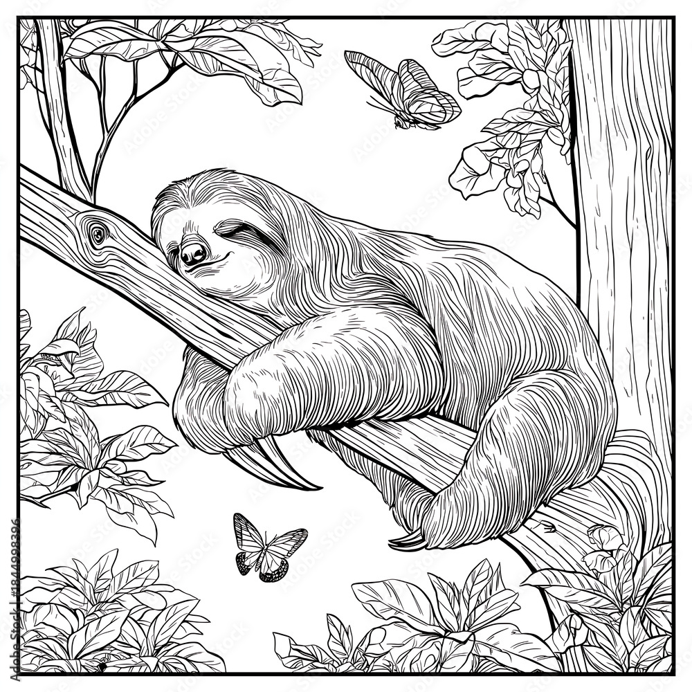 Naklejka premium Adorable Sloth Line Art Illustration: Cute and Friendly Wildlife Character Climbing in a Botanical Forest Scene with Tropical Plants in Monochrome for Nature Lovers and Environment Protection