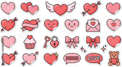Cute Valentine sticker set featuring hearts arrows bows love icons teddy bear cupcake lock and key romantic cartoon elements for decoration and design